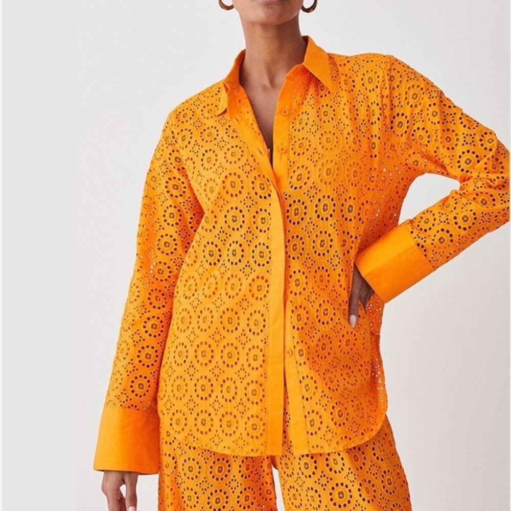 Karen Millen NEW Orange Broderie Eyelet Long Sleeve Button Front Shirt SZ 12